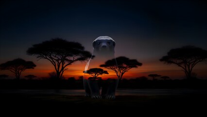 Naklejka premium Striking double exposure artistic portrait features a brave honey badger superimposed over a dramatic African savanna sunset scene featuring silhouette acacia trees.