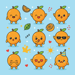 Fototapeta premium Cute Orange Cartoon Illustration Set | Kawaii Orange Character, Fruit Emoji & Sticker Pack