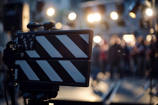 Movie clapperboard stands ready on set during an evening film shoot, with the crew and background lights blurred, creating a cinematic atmosphere