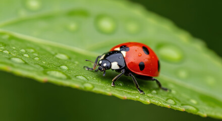 Obraz premium Red Ladybug on Dewy Green Leaf