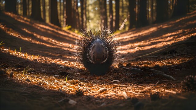 Adorable North American porcupine with quills flared stares directly forward while standing on a sun-dappled forest floor path during golden hour