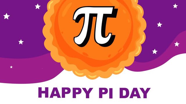 Happy Pi Day background featuring pie with pi symbol on purple night backdrop with stars. Ideal for March 14 math celebration, STEM events, classroom learning and education promotions.