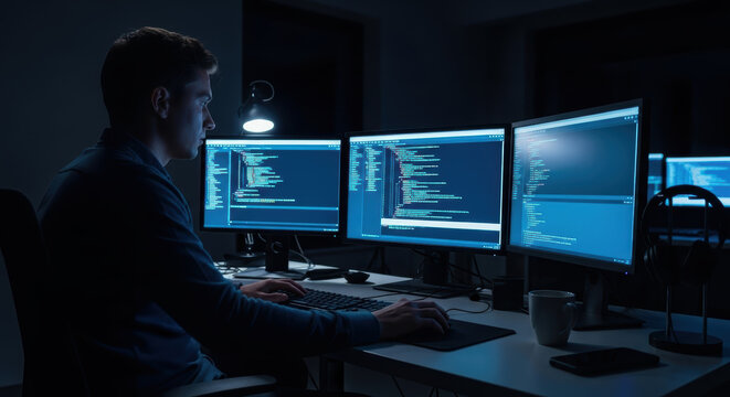 Programmer working at a desk with multiple monitors