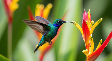 Fototapeta premium Hummingbird Hovering Near Tropical Flowers