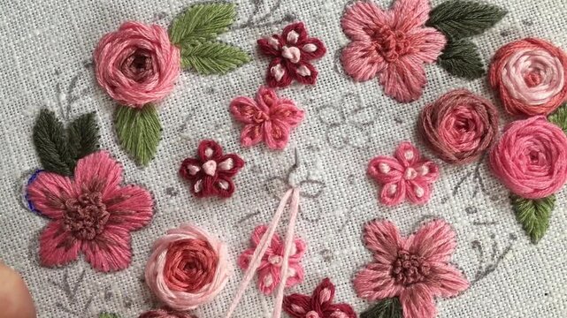 Lazy daisy stitch flower embroidery tutorial. Close-up hand stitching looped petal floral element on fabric. Step-by-step needlework technique for beginners, DIY embroidery learning . Part 2