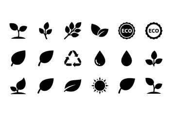 Fototapeta premium Green leaf ecology icon set flat nature environmental plant symbols vector collection