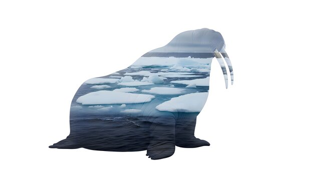 Conceptual double exposure artwork featuring a walrus silhouette filled with an arctic scene of icy ocean water and floating white ice floes demonstrating marine wildlife conservation themes.