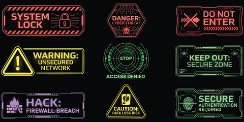 Cybersecurity Alert: A dynamic collection of warning signs and alerts, embodying the essence of digital security and network protection. © Rahed Ul Islam
