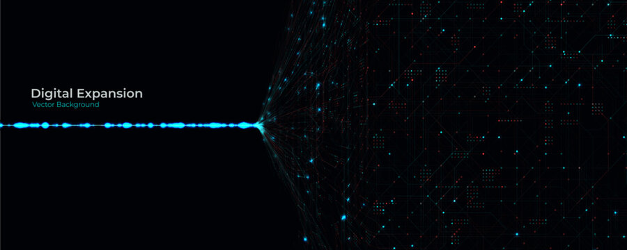 Digital data expansion background with glowing blue line connecting abstract AI network grid, perfect for big data dashboards, tech slides, web headers. Big data networks concept. Vector illustration