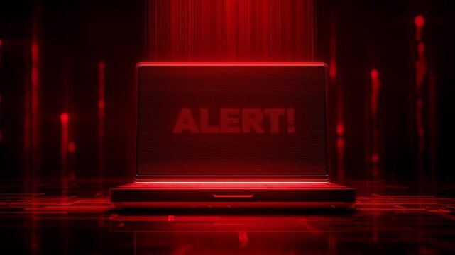 A computer monitor shows an alert in red text while the device processes data in a dim space with digital effects