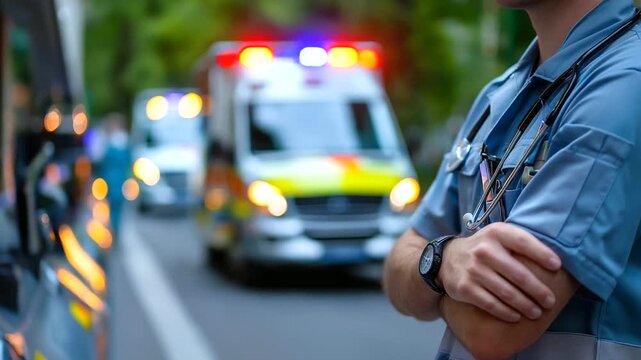 Faceless paramedic next to ambulance, emergency medical professional beside vehicle, healthcare response scene, with copy space