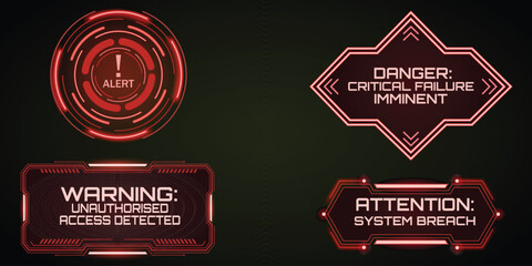 Digital Warning: A collection of warning and alert indicators illuminate with a striking red glow, conveying messages of danger, system breaches, and critical failures within a high-tech interface. © Rahed Ul Islam
