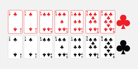 Poker Deck in Red and Black: A poker deck showcases a sequence of cards featuring both red and black clubs, creating a striking visual composition.