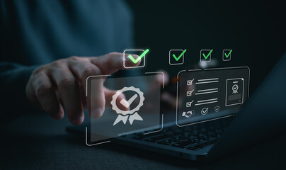 Businessman touching virtual checklist interface for QA and QC quality assurance, ISO certification and service guarantee. Compliance audit, standardization control and business excellence concept.