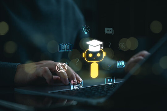 Student using AI powered e-learning assistant on laptop. Online education technology, intelligent tutoring system, personalized learning, digital training and knowledge management concept.