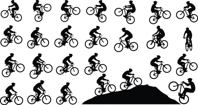 Mountain biker silhouettes illustrate dynamic.