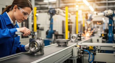 Woman inspecting mechanical component in modern manufacturing facility