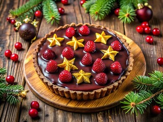 Decadent chocolate raspberry tart with festive christmas decorations