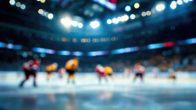 Blurred bokeh background of hockey arena, match, blurred players and fans, out-of-focus stadium, rink, sport, game