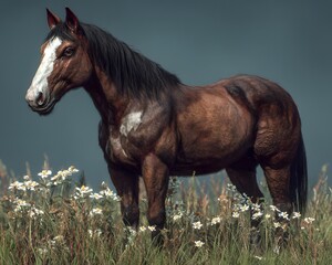 Horse standing still, Majestic Brown Horse Standing in a Flowered Meadow