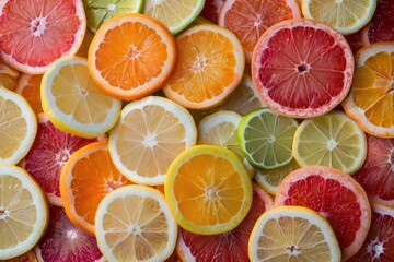 Fototapeta premium Slices of various citrus fruits create a colorful and refreshing background, ideal for food and beverage projects