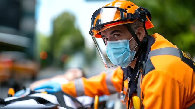 Faceless paramedic in emergency response situation, medical professional during urgent care scene, emergency services action, with copy space