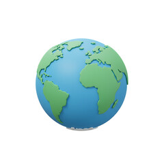 Obraz premium Aerial view of a 3D rendered globe showing the Americas and Africa with green landmasses and blue oceans on a transparent background