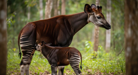 Mother and baby okapi in a lush tropical forest