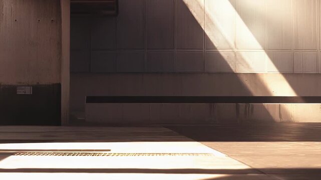 Concrete architecture bathed in sunlight and shadow, forming abstract shapes and dynamic lines, evoking a minimalist and industrial aesthetic with strong geometric elements