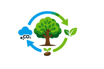 A vector illustration showing a green tree surrounded by a circular arrow cycle with a CO2 cloud, leaves, and a sprouting seed, representing the carbon cycle and environmental growth.