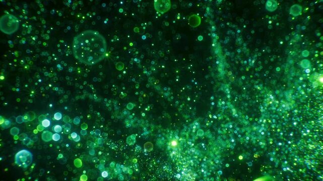 Camera gliding through a cloud of green magic dust. Cinematic particle fly through with soft bokeh effect. 3D render motion.