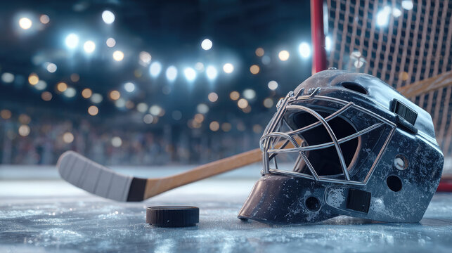 hockey stick, puck and goalie helmet on blurred bokeh background of hockey arena, match, blurred players and fans, out-of-focus stadium, rink, sport, game