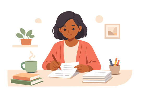 An illustration of a woman with dark skin writing at her desk. She is surrounded by books, a steaming cup, and office supplies in a warm, minimalist room with a small plant.