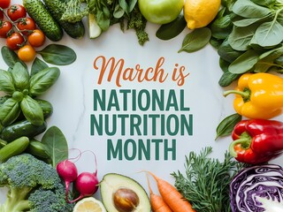 Assorted fresh fruits and vegetables arranged on white background for national nutrition month