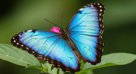Blue Morpho Butterfly on Green Leaf