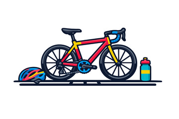Fototapeta premium This flat vector illustration features a colorful road bicycle with a matching helmet and a water bottle against a black background. The design uses bold red, yellow, and blue colors.