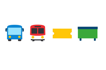 A set of four minimalist icons featuring a blue bus, a red train on tracks, a yellow ticket, and a green container, all displayed in a row against a dark textured background.