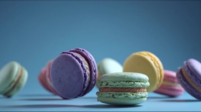 Colorful macaron cookies floating on a vibrant blue background