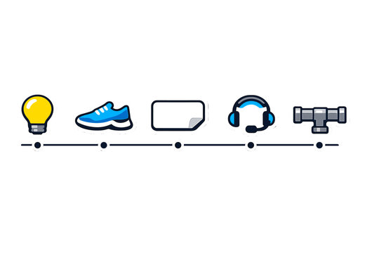 A horizontal timeline featuring five distinct icons: a yellow lightbulb, a blue sneaker, a blank white note, a headset with a microphone, and a grey pipe fitting on a dark background.