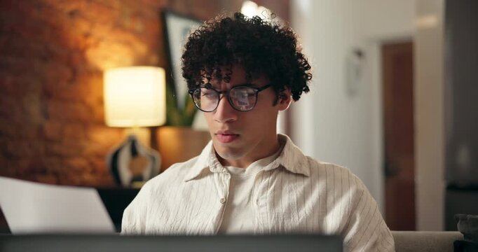 Document, laptop or man reading for remote work in home, info comparison or update digital records. Online database, pc or freelance clerk with paperwork for data entry, archive resources or accuracy