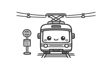 A cute minimalist illustration of a kawaii tram with a smiling face on tracks under power lines next to a stop sign. The grayscale line art features a friendly public transport vehicle.