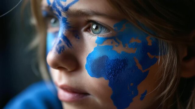 Faceless side profile of young person with blue body paint depicting world map, detailed continents and oceans, global awareness emphasis, with copy space