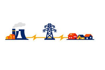 Naklejka premium A flat vector illustration showing the process of electricity generation from a power plant through a transmission tower to residential houses on a black background.