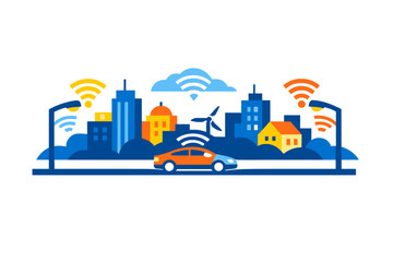 Obraz premium This flat vector illustration depicts a smart city with connected buildings, a wind turbine, and an autonomous car, using wireless signal icons to represent a modern urban network.