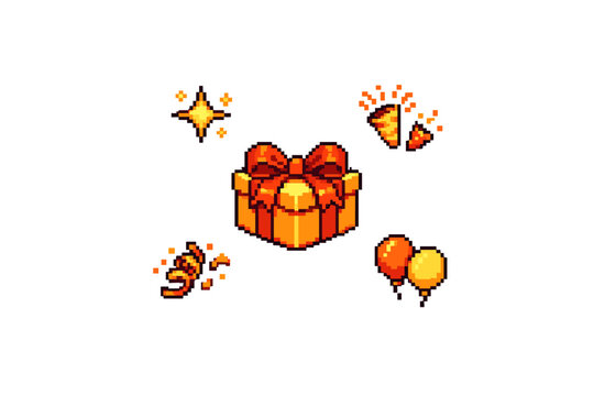 A pixel art illustration of an orange gift box with a red bow, surrounded by festive elements like sparkles, party poppers, streamers, and balloons on a black background.