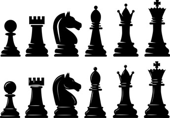 A black and white vector set of chess pieces including king, queen, bishop, knight, rook, and pawn. These clean silhouettes are perfect for gaming and strategy logos. © liubov
