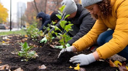 Fototapeta premium Community planting: A group of volunteers works together to plant saplings, symbolizing environmental protection. Their dedicated efforts bring new life, promoting sustainability.