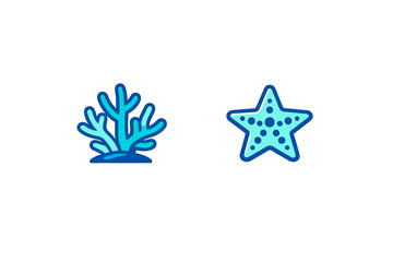 Obraz premium Two flat design icons featuring a blue coral and a light blue starfish with dark spots are centered on a black background. These simple marine life illustrations use various blue tones.