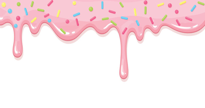 Pink icing drip with colorful sprinkles cartoon sweet dessert decoration vector illustration, party invitations, and sweet food-related content