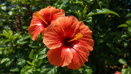 Tropical hibiscus flowers in bright sunlight, lush green foliage in background